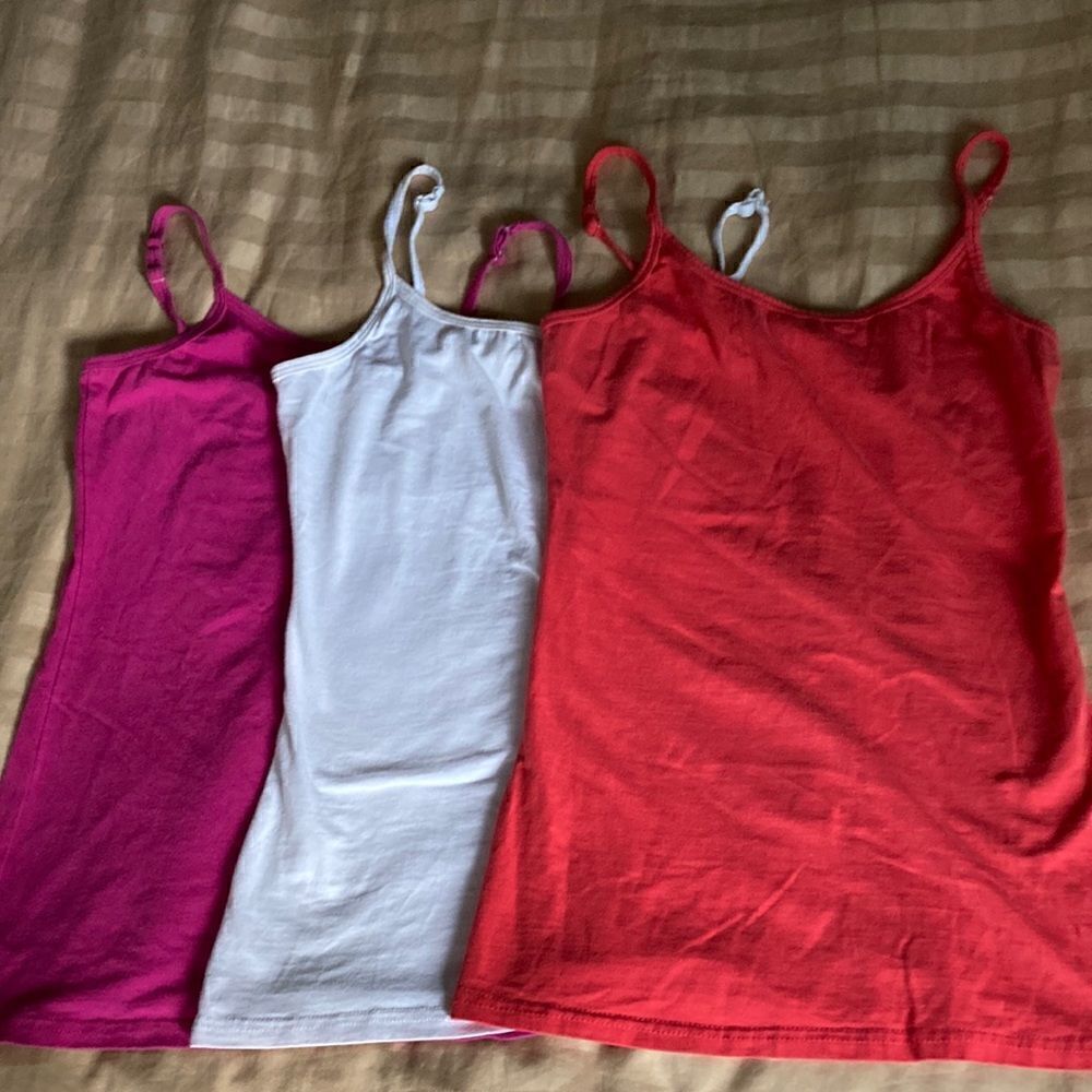 Hand By Hand Tank Tops (3) fuchsia/red/white with adjustable straps. Size small.